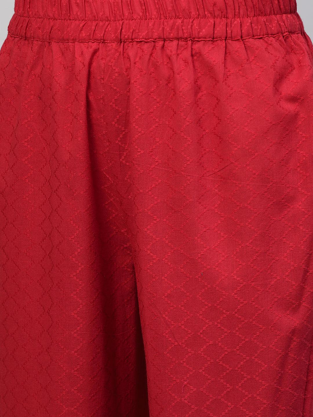 Woven Textured & Embroidered Straight Pant - Red - Indiakreations