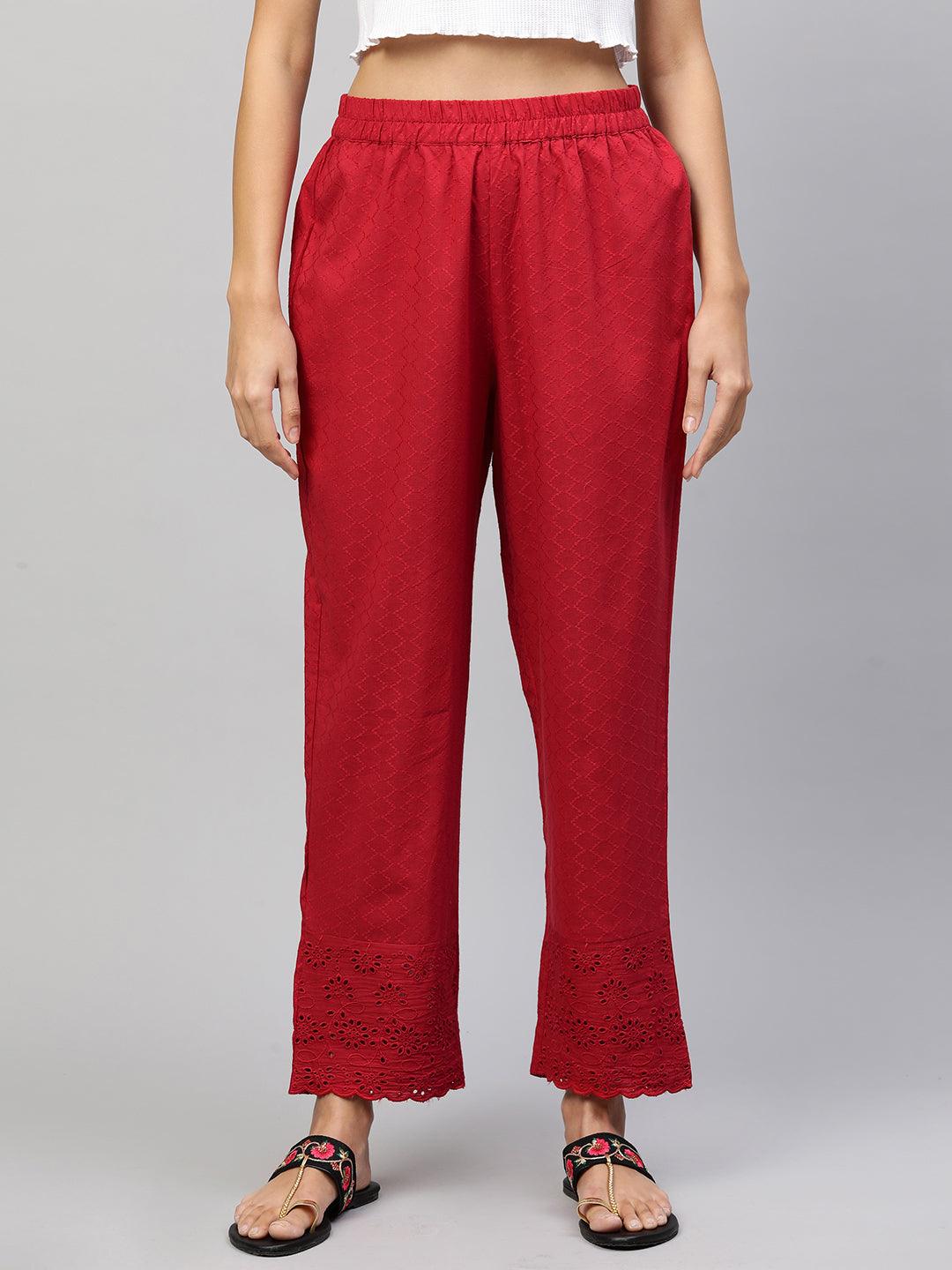 Woven Textured & Embroidered Straight Pant - Red - Indiakreations