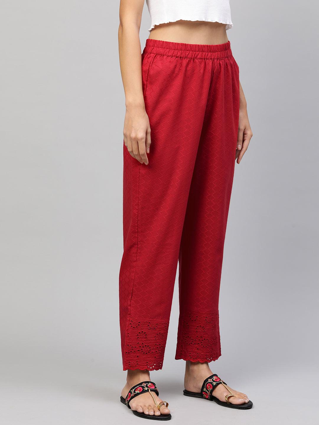 Woven Textured & Embroidered Straight Pant - Red - Indiakreations