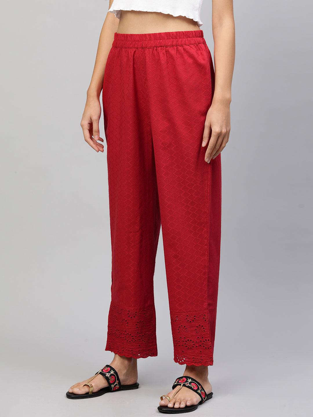 Woven Textured & Embroidered Straight Pant - Red - Indiakreations