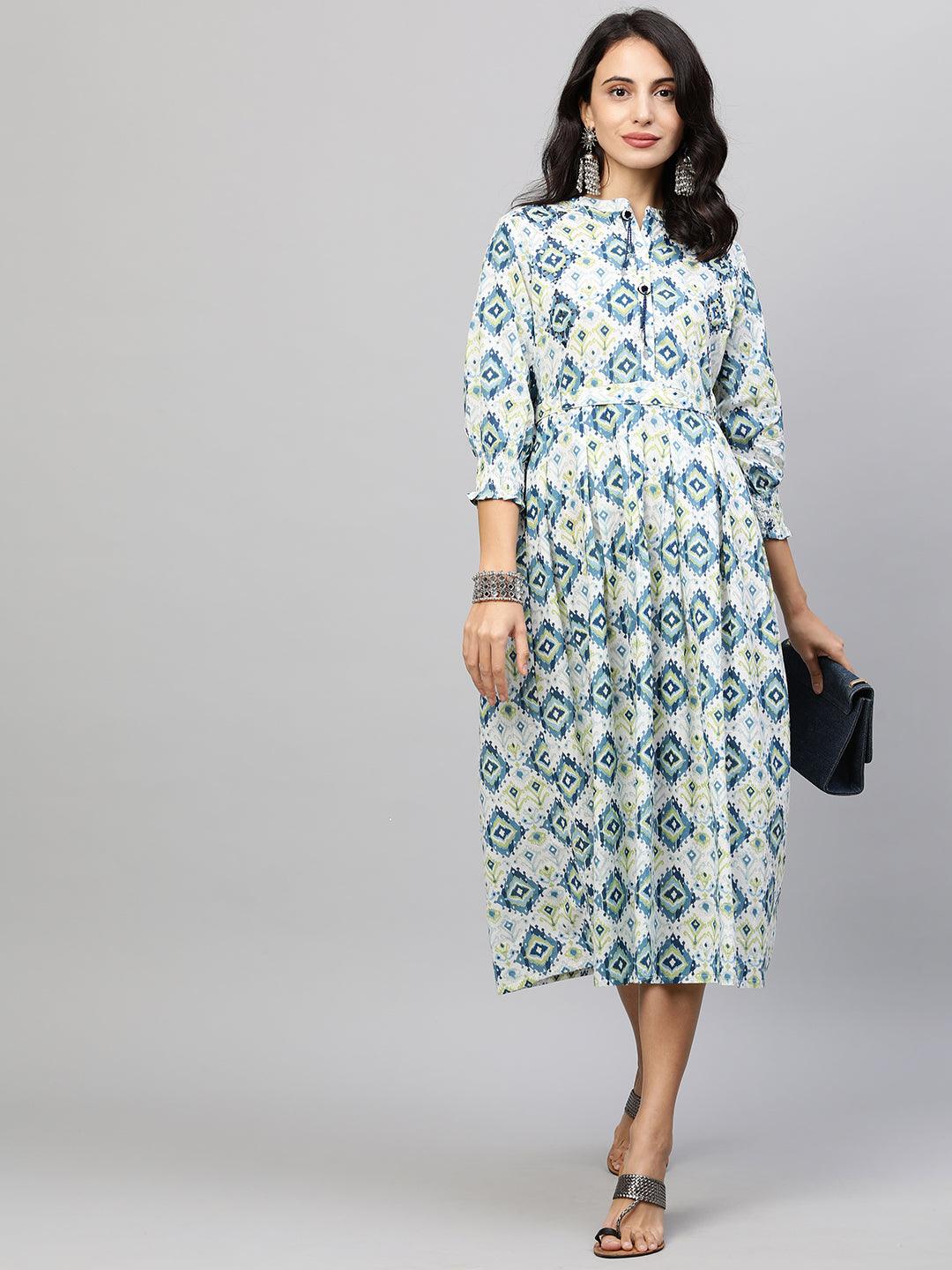 Ikat Printed Paneled Flare Maxi Dress with Fabric Belt - White - Indiakreations