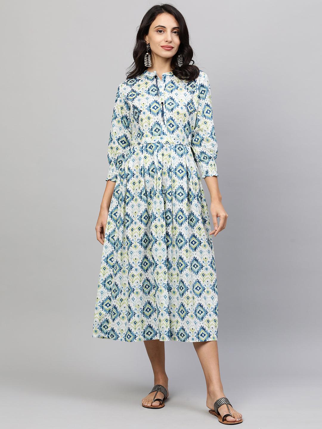 Ikat Printed Paneled Flare Maxi Dress with Fabric Belt - White - Indiakreations