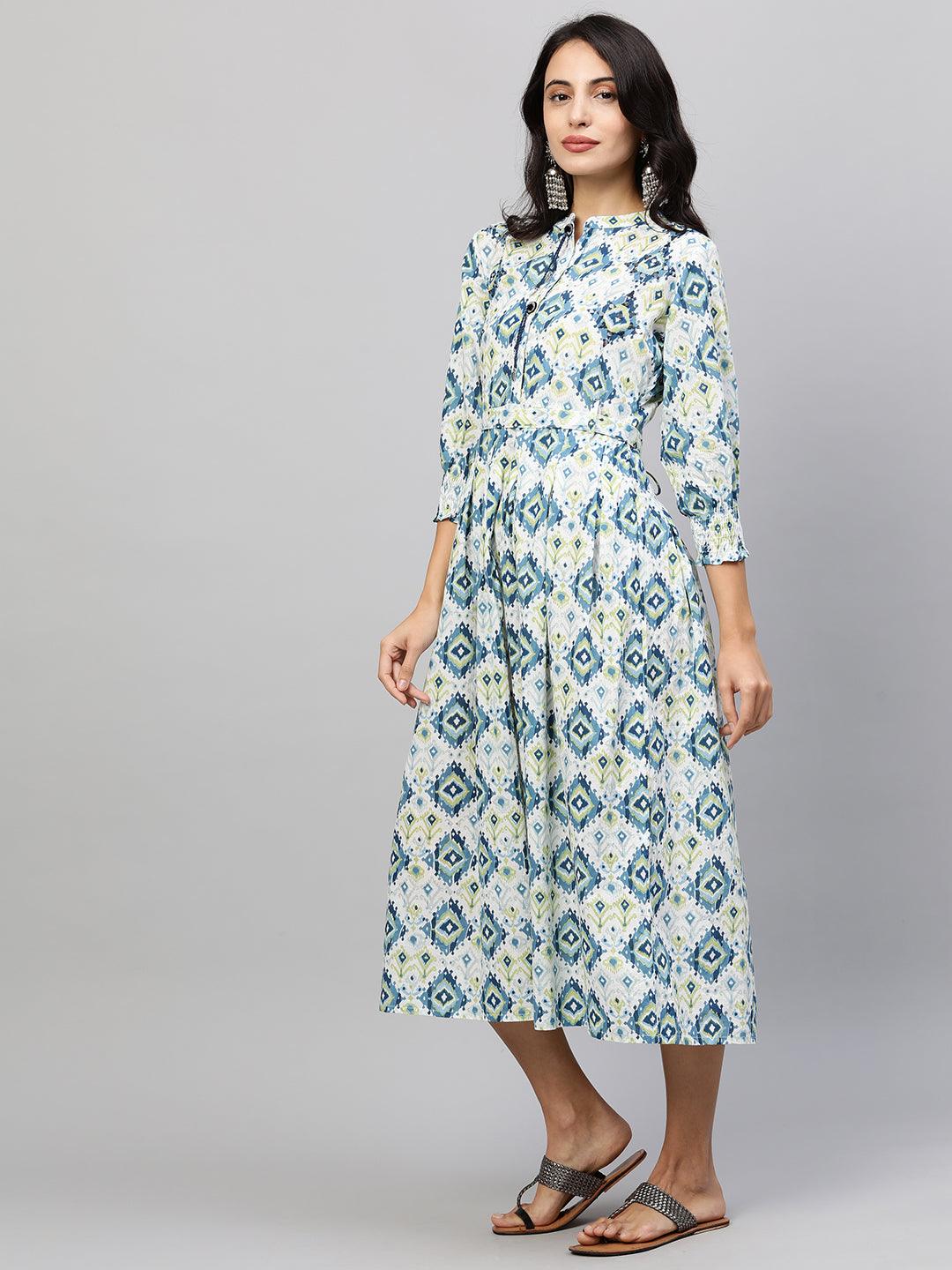 Ikat Printed Paneled Flare Maxi Dress with Fabric Belt - White - Indiakreations