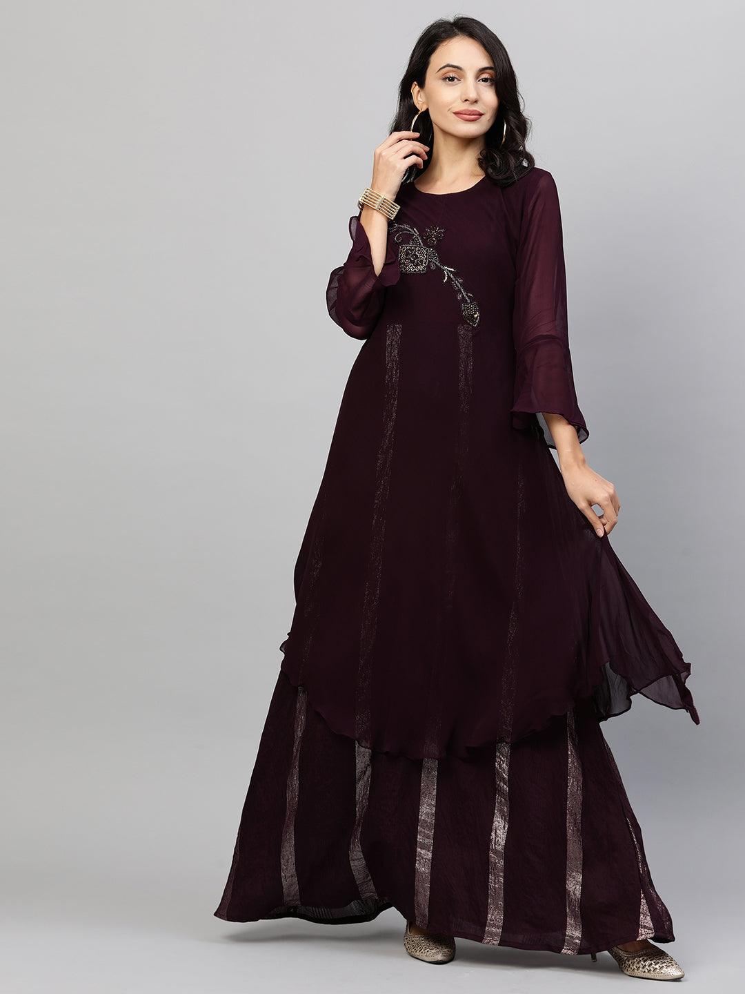 Embroidered & Lurex Woven Layered Maxi Dress - Wine - Indiakreations