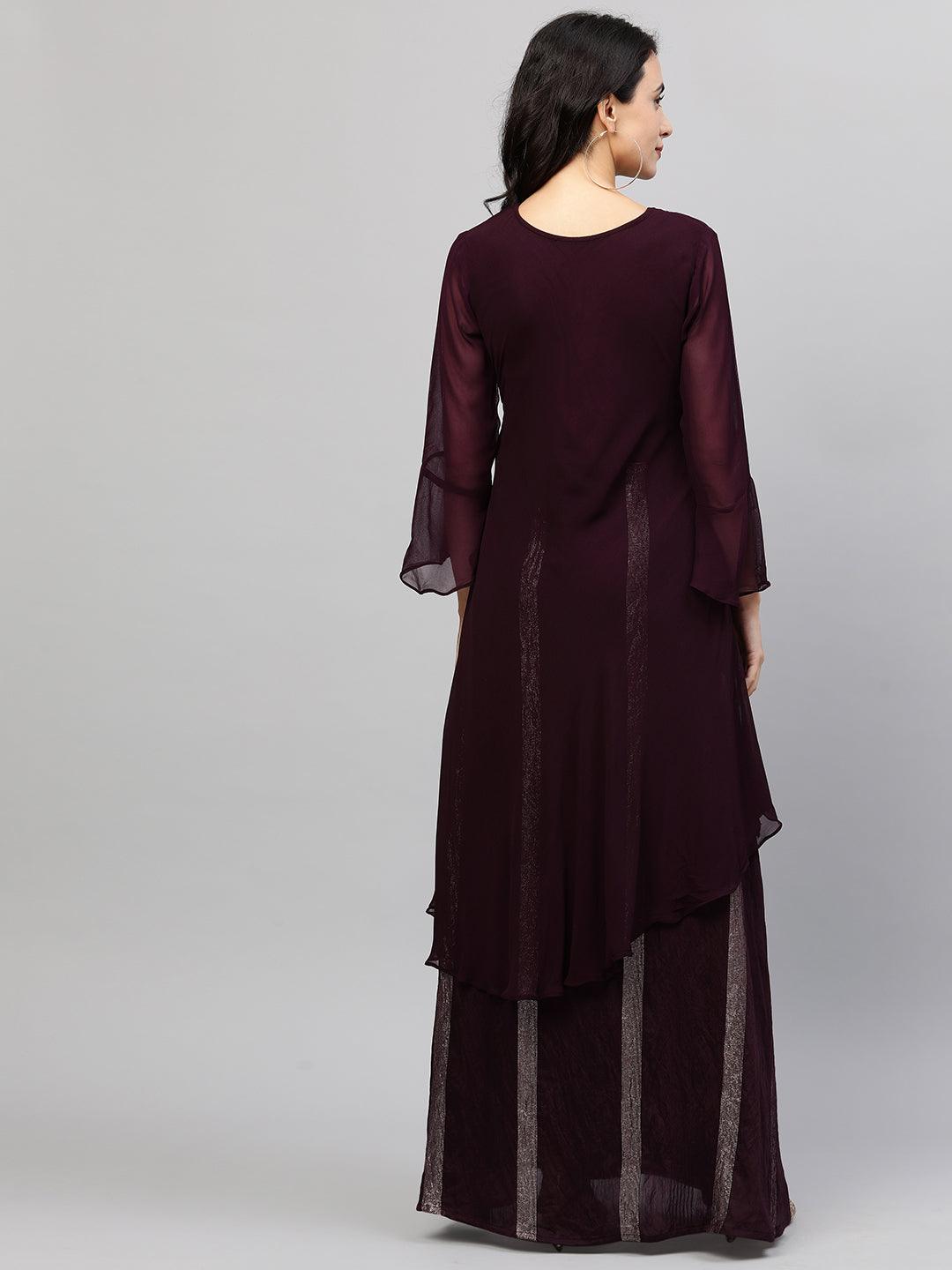 Embroidered & Lurex Woven Layered Maxi Dress - Wine - Indiakreations