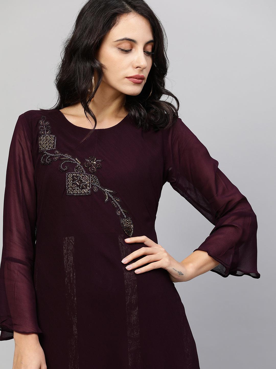 Embroidered & Lurex Woven Layered Maxi Dress - Wine - Indiakreations