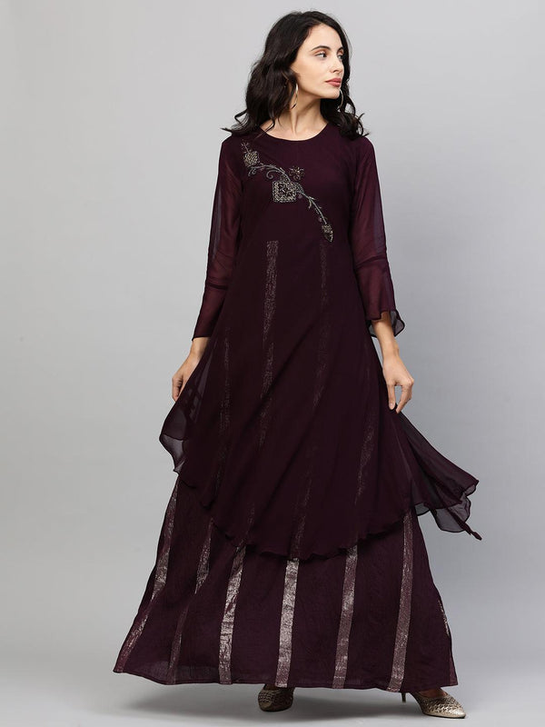 Embroidered & Lurex Woven Layered Maxi Dress - Wine - Indiakreations