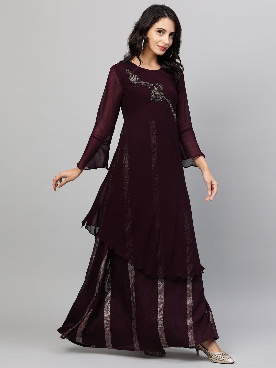 Embroidered & Lurex Woven Layered Maxi Dress - Wine - Indiakreations