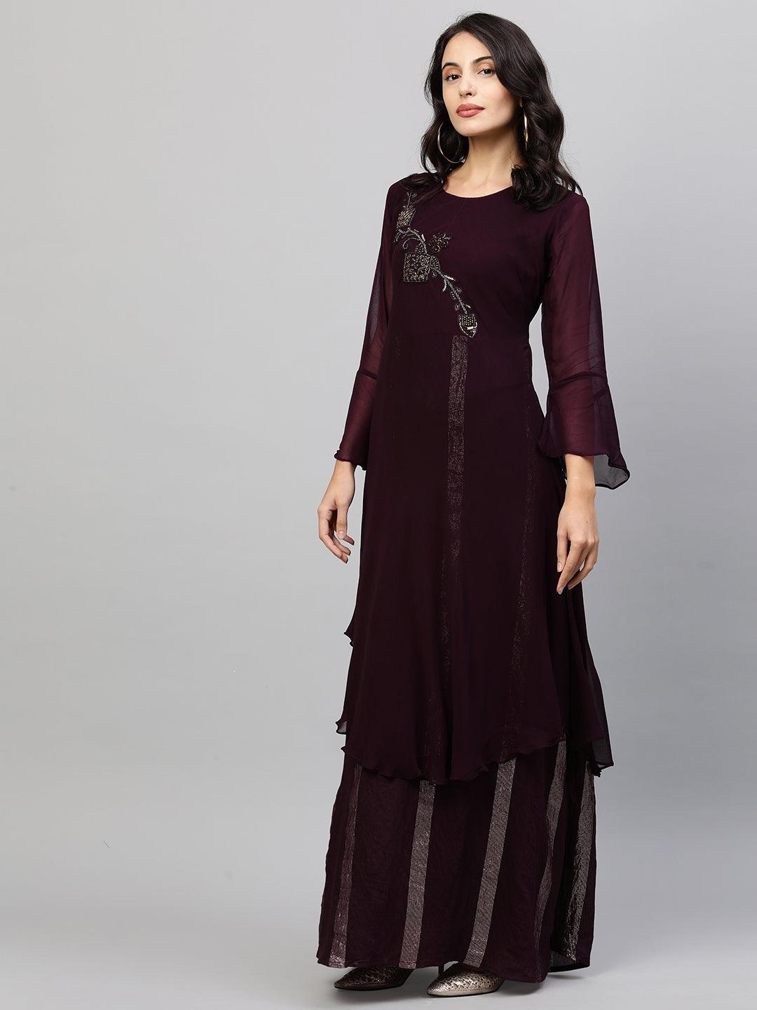 Embroidered & Lurex Woven Layered Maxi Dress - Wine - Indiakreations