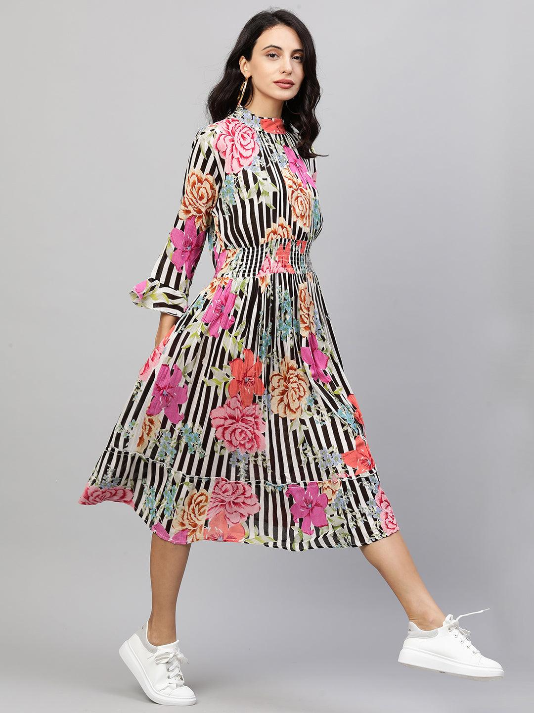 Stripe & Floral Printed Maxi Dress - Multi - Indiakreations