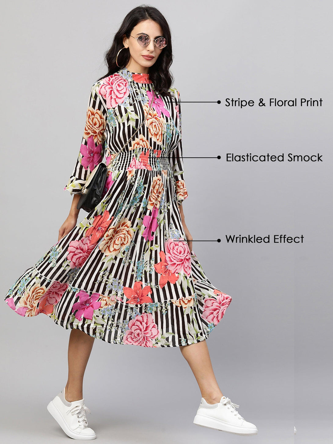 Stripe & Floral Printed Maxi Dress - Multi - Indiakreations