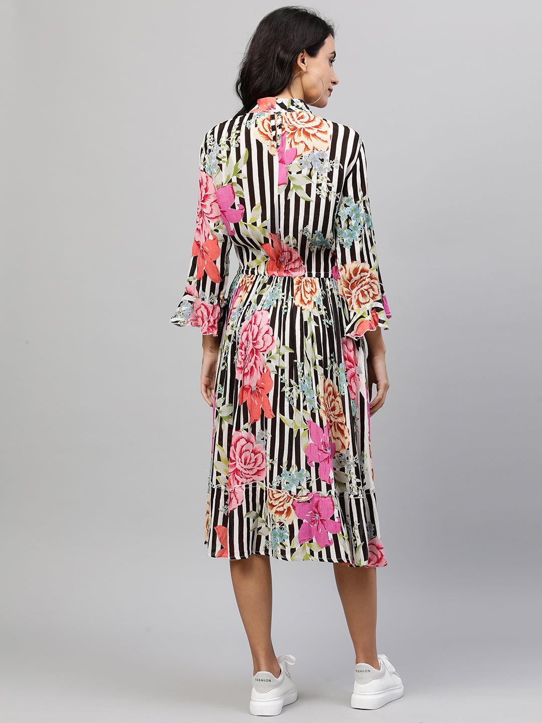 Stripe & Floral Printed Maxi Dress - Multi - Indiakreations