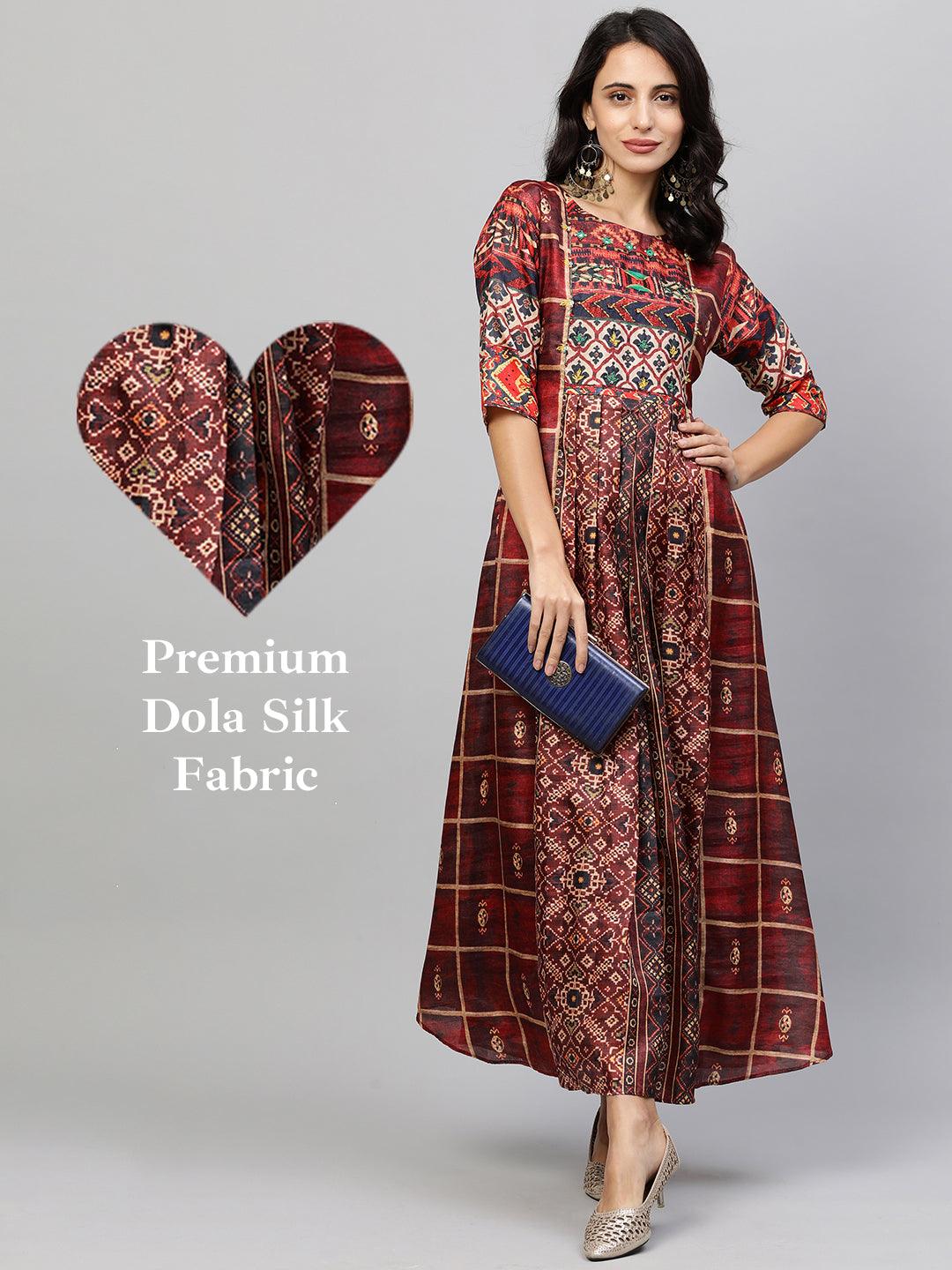 Ethnic Printed & Kantha Embroidered Maxi Dress - Maroon - Indiakreations