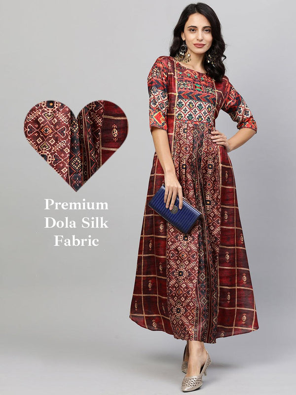 Ethnic Printed & Kantha Embroidered Maxi Dress - Maroon - Indiakreations