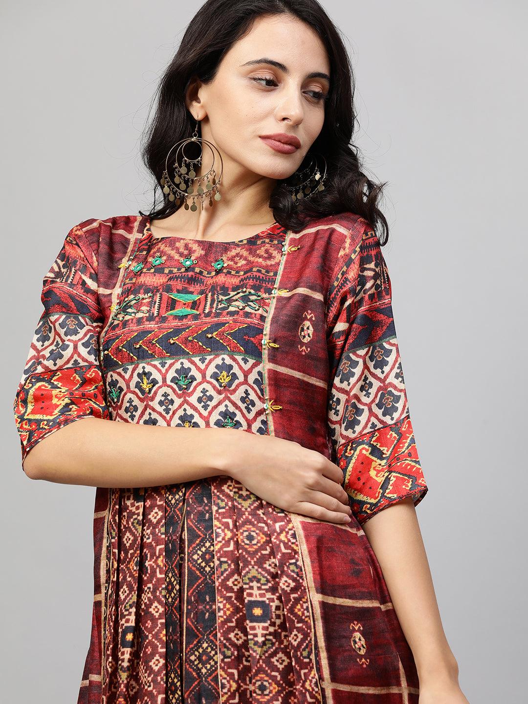 Ethnic Printed & Kantha Embroidered Maxi Dress - Maroon - Indiakreations