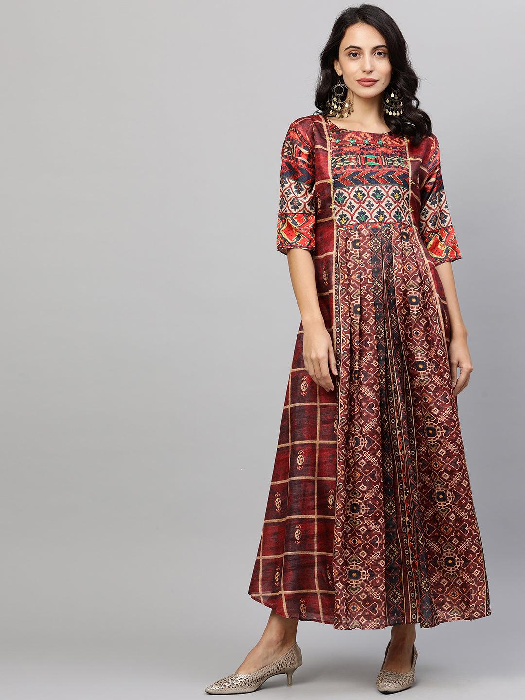 Ethnic Printed & Kantha Embroidered Maxi Dress - Maroon - Indiakreations