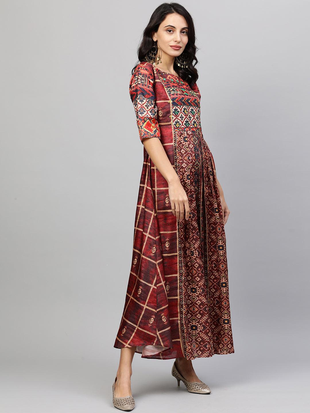 Ethnic Printed & Kantha Embroidered Maxi Dress - Maroon - Indiakreations