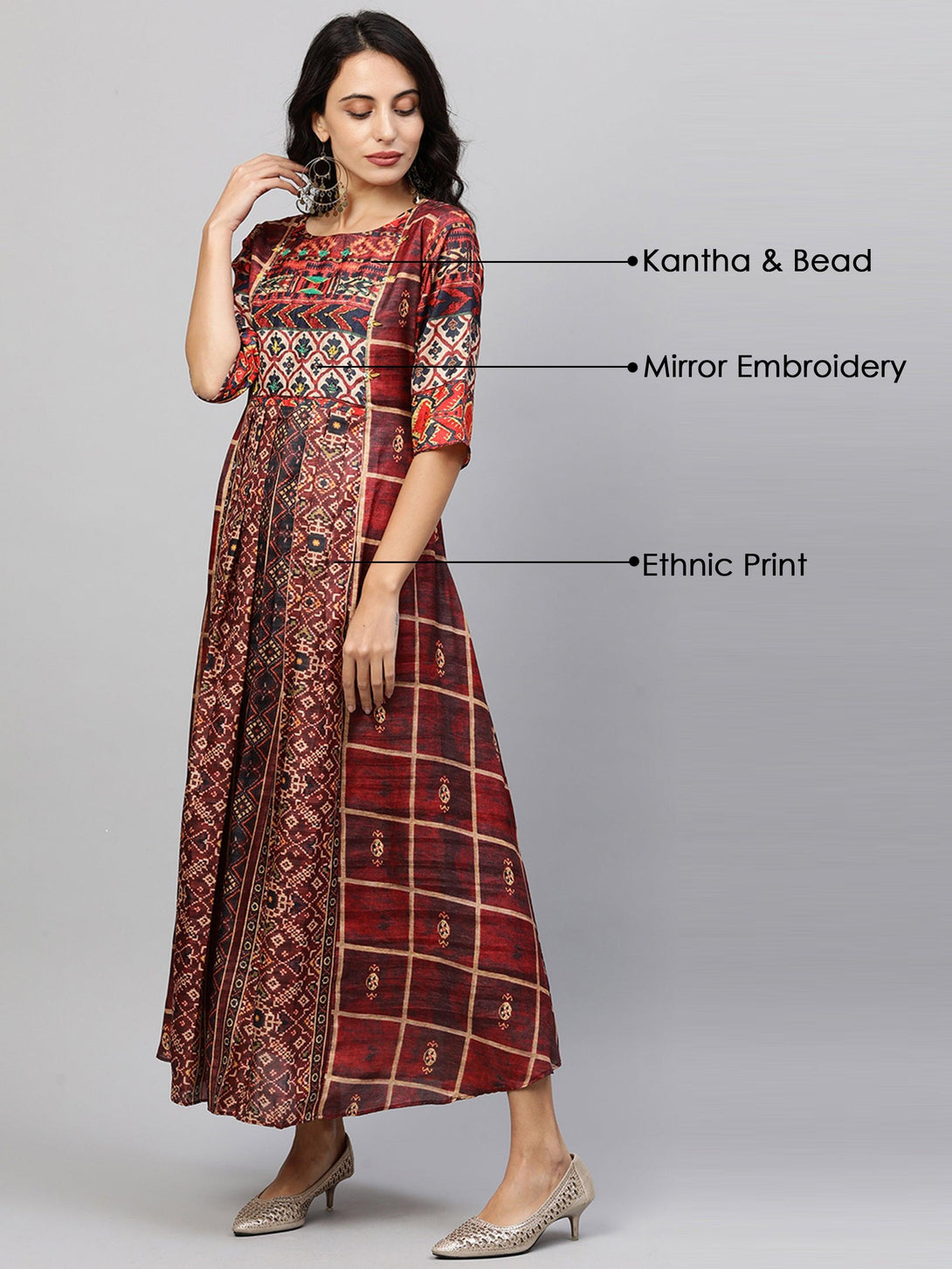 Ethnic Printed & Kantha Embroidered Maxi Dress - Maroon - Indiakreations