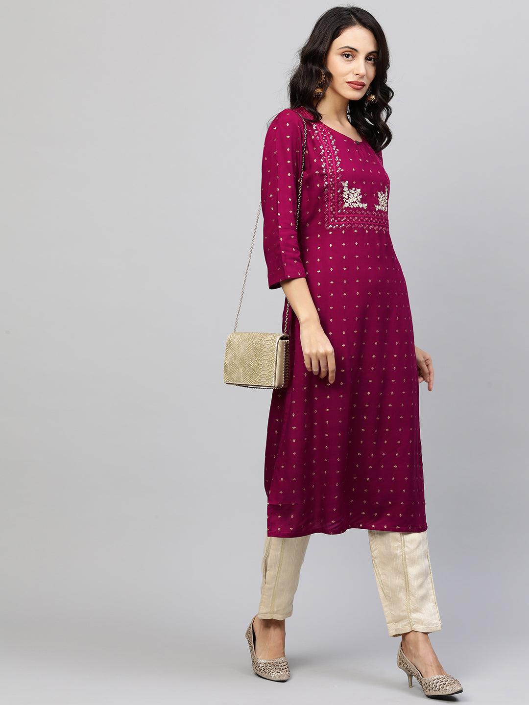 Foil Printed & Zari Embroidered Straight Kurta - Wine - Indiakreations