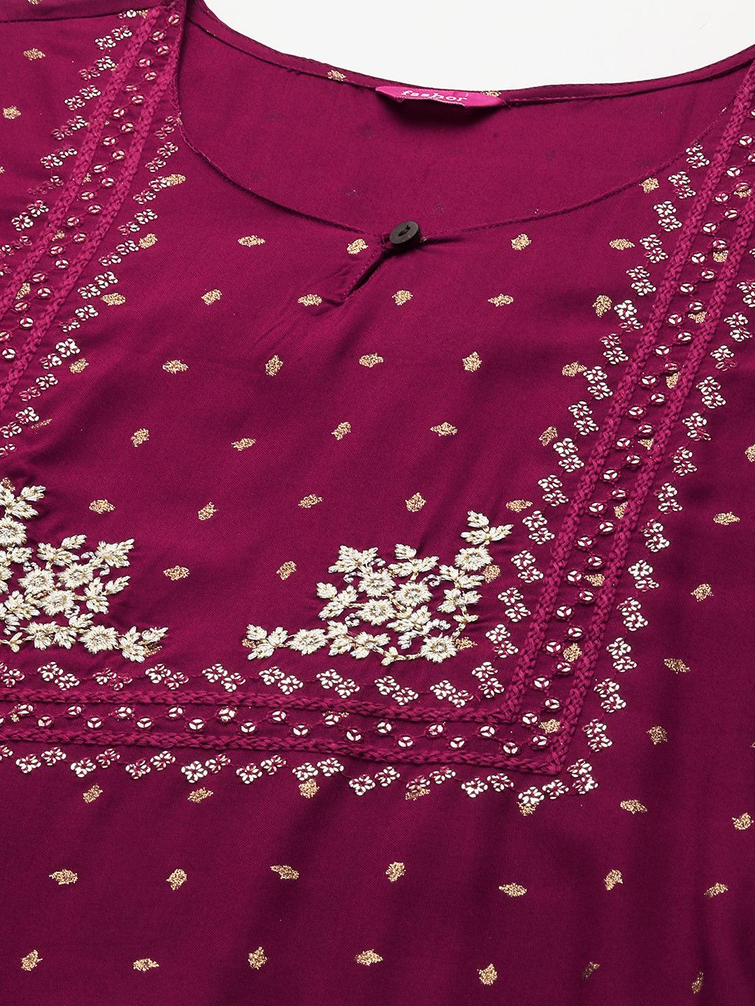 Foil Printed & Zari Embroidered Straight Kurta - Wine - Indiakreations