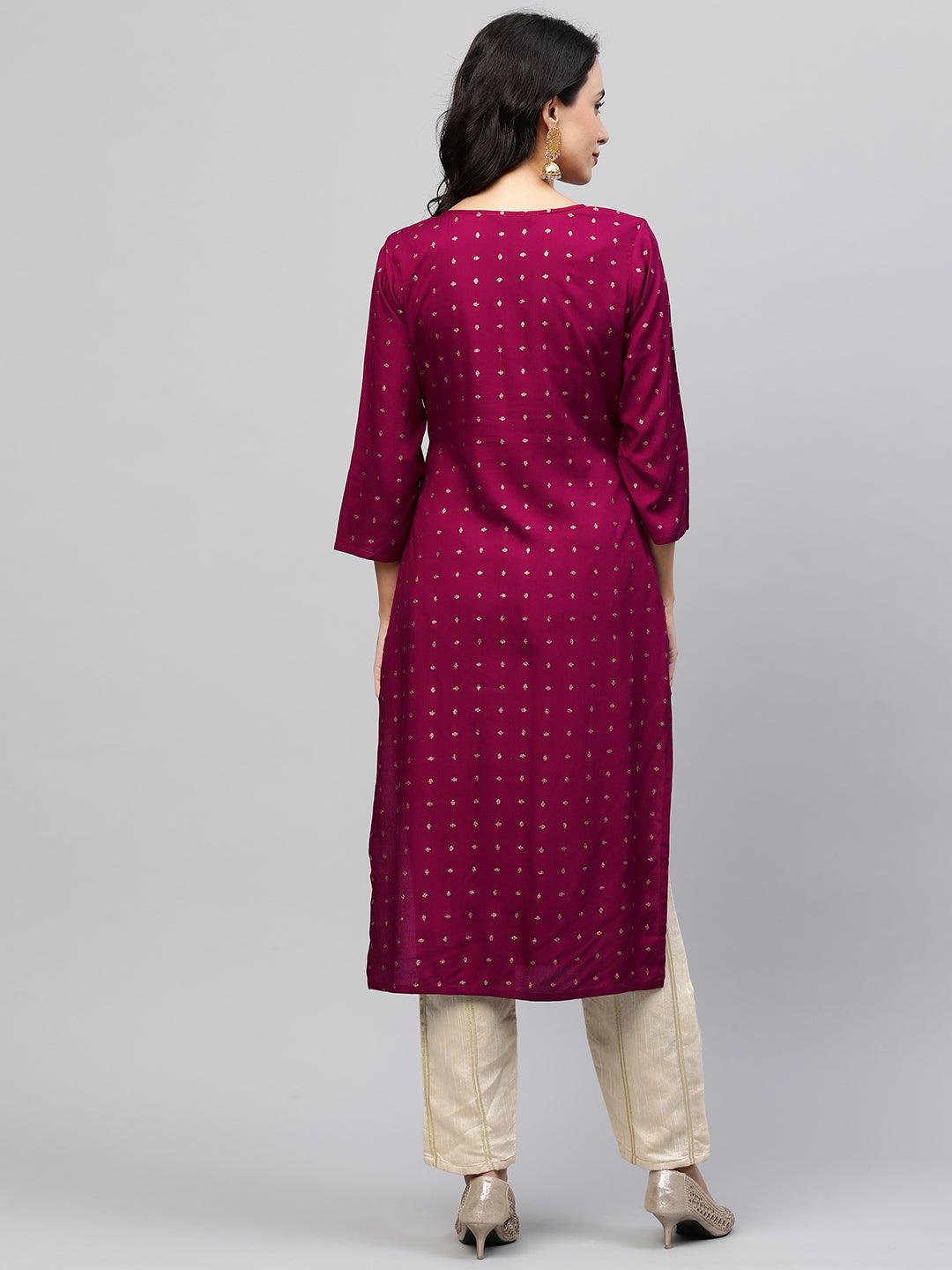 Foil Printed & Zari Embroidered Straight Kurta - Wine - Indiakreations