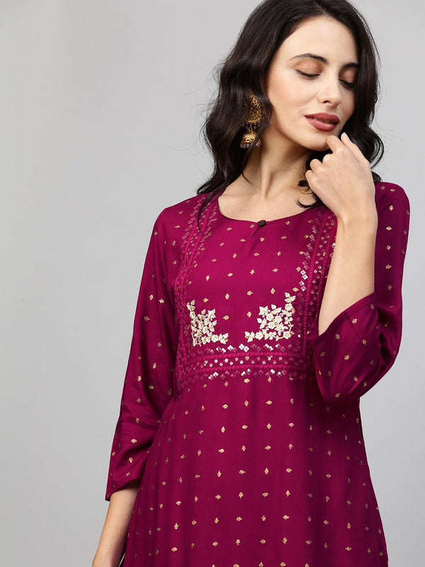 Foil Printed & Zari Embroidered Straight Kurta - Wine - Indiakreations