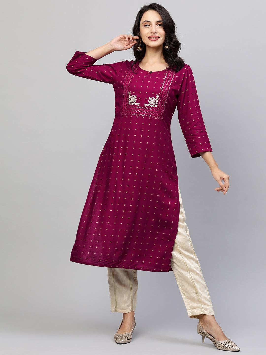 Foil Printed & Zari Embroidered Straight Kurta - Wine - Indiakreations