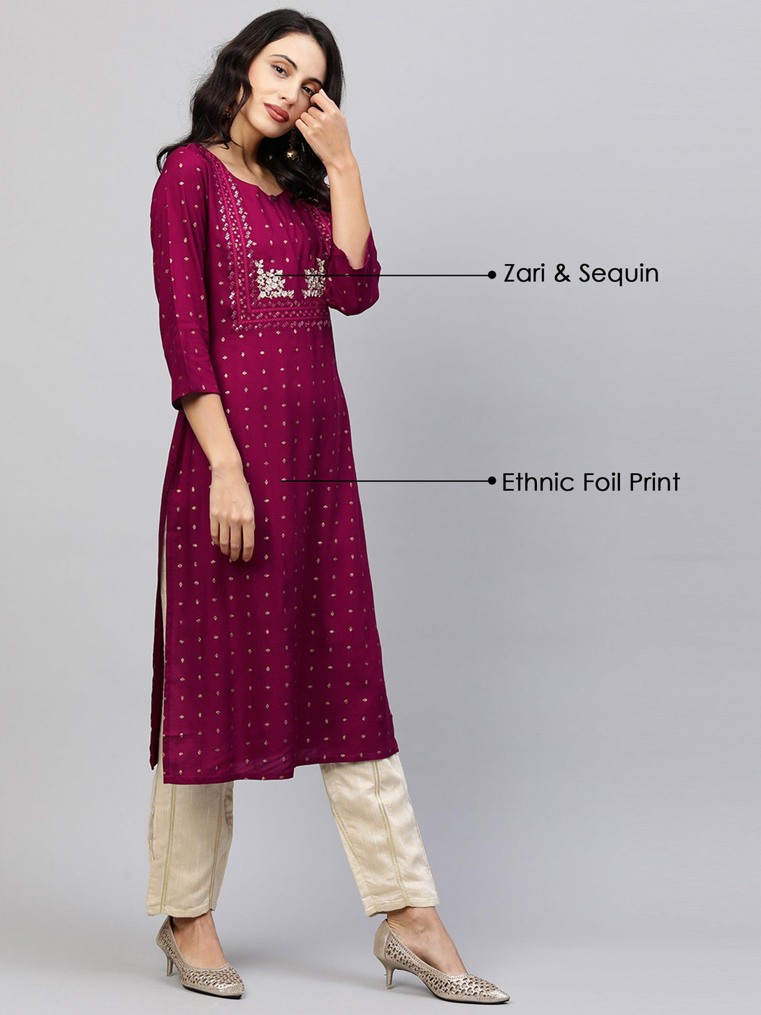 Foil Printed & Zari Embroidered Straight Kurta - Wine - Indiakreations