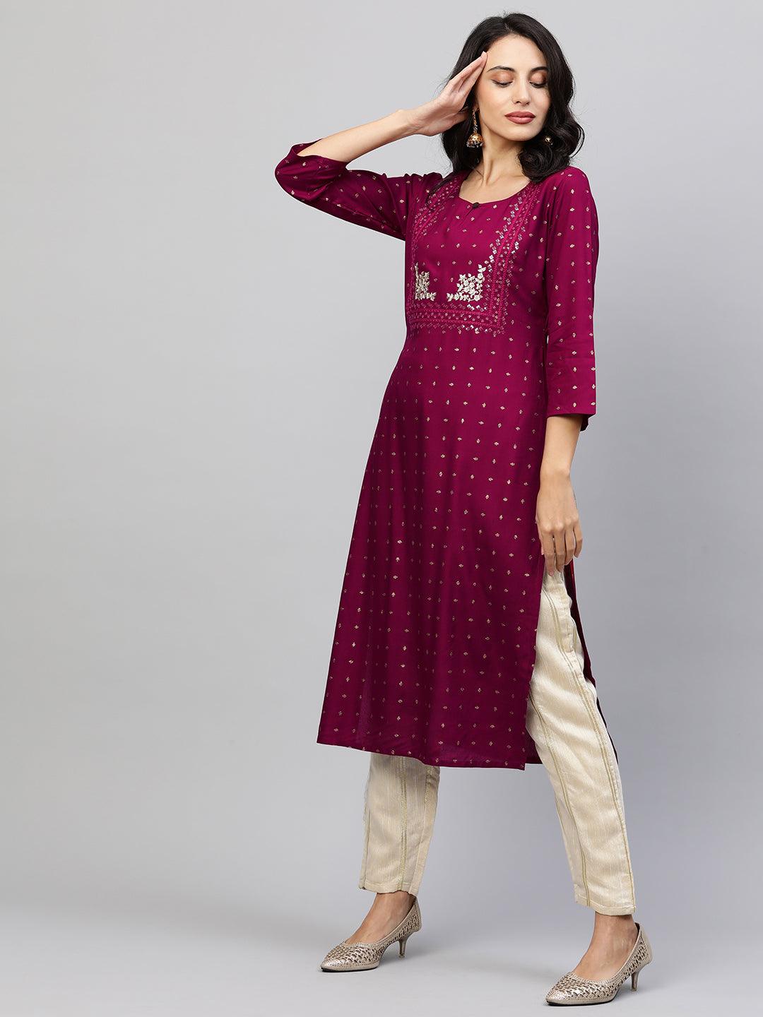 Foil Printed & Zari Embroidered Straight Kurta - Wine - Indiakreations