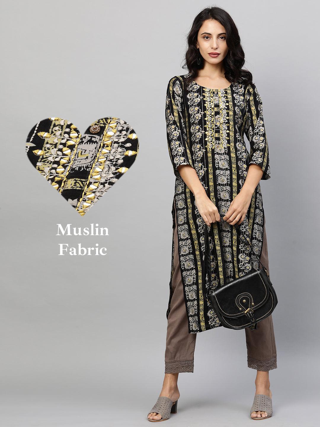 Ethnic Printed & Embroidered Straight Kurta - Black - Indiakreations