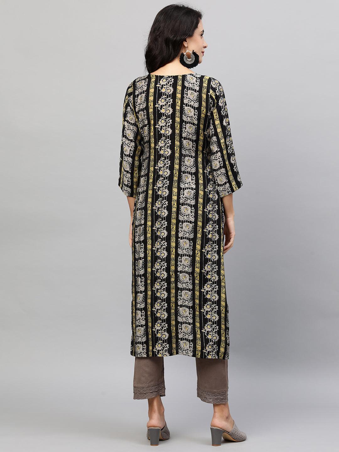 Ethnic Printed & Embroidered Straight Kurta - Black - Indiakreations