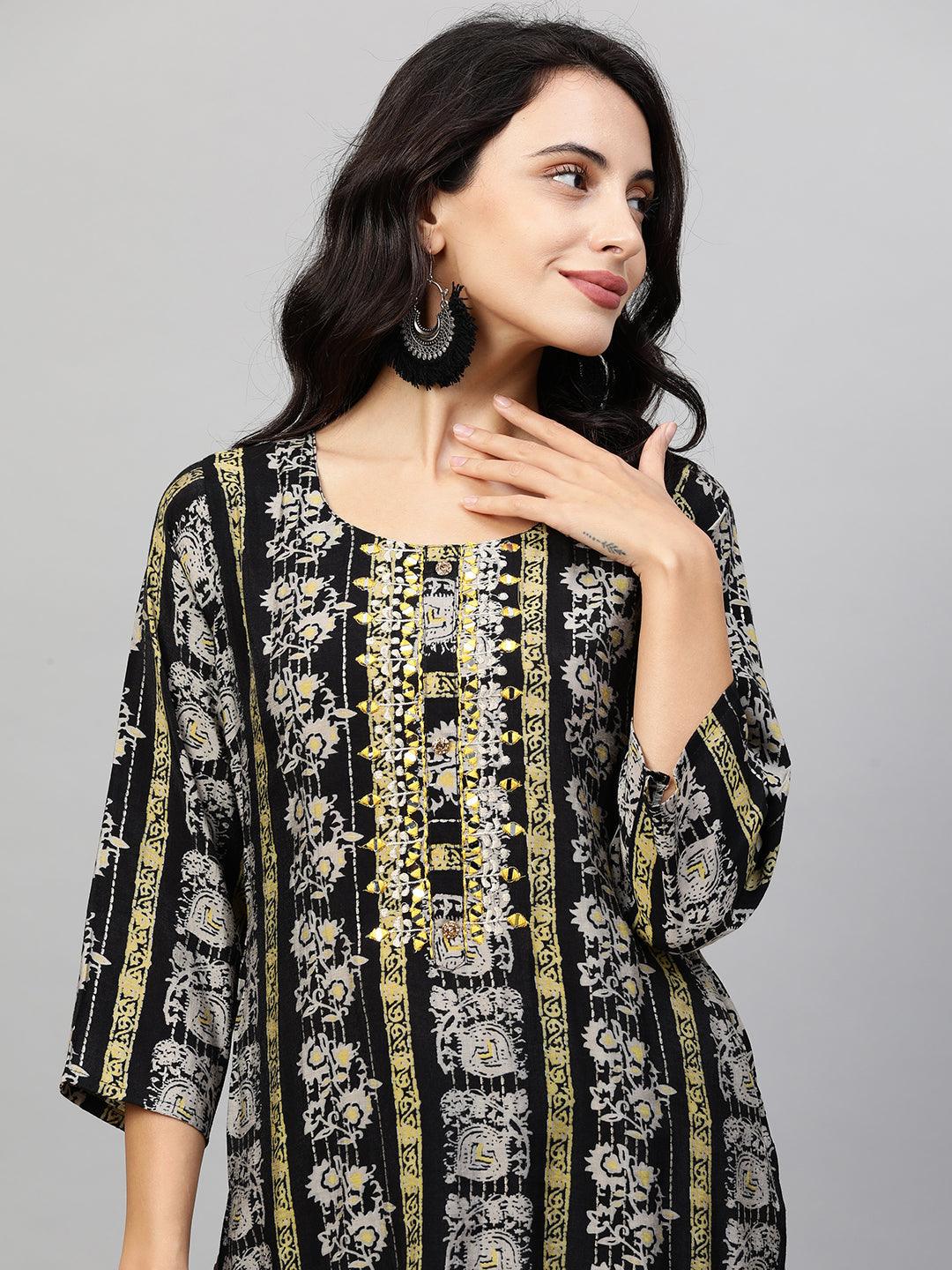 Ethnic Printed & Embroidered Straight Kurta - Black - Indiakreations