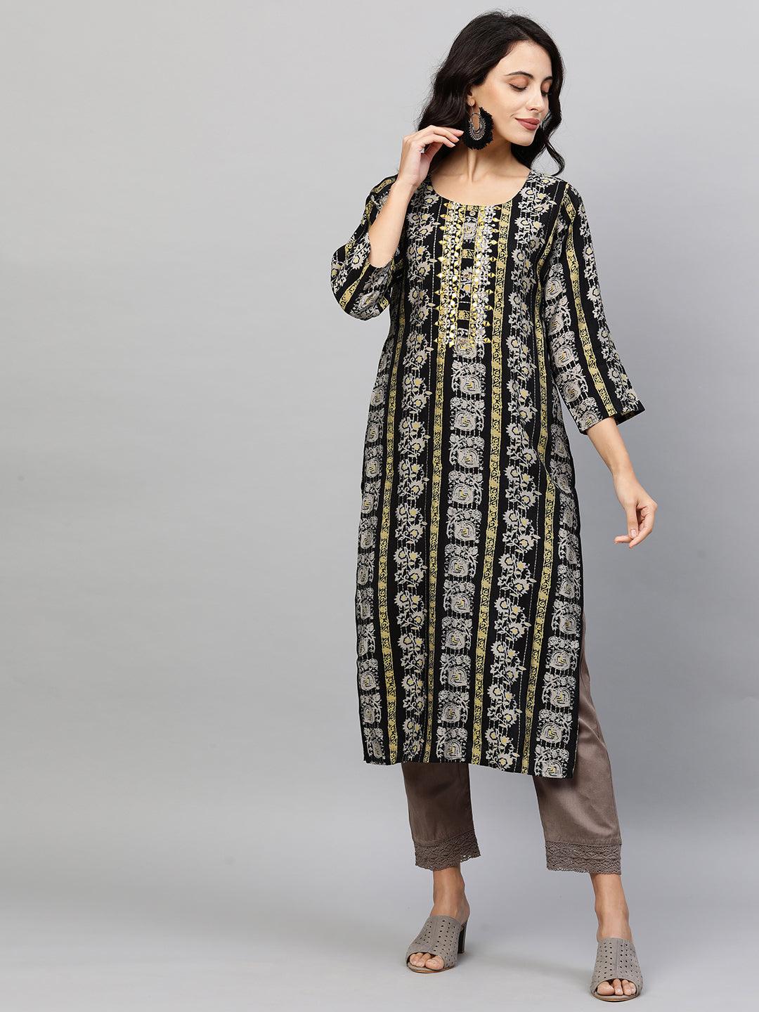 Ethnic Printed & Embroidered Straight Kurta - Black - Indiakreations