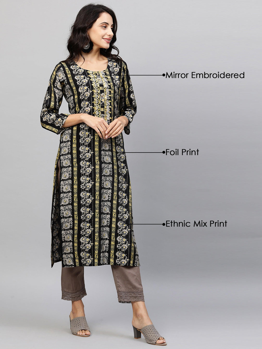 Ethnic Printed & Embroidered Straight Kurta - Black - Indiakreations