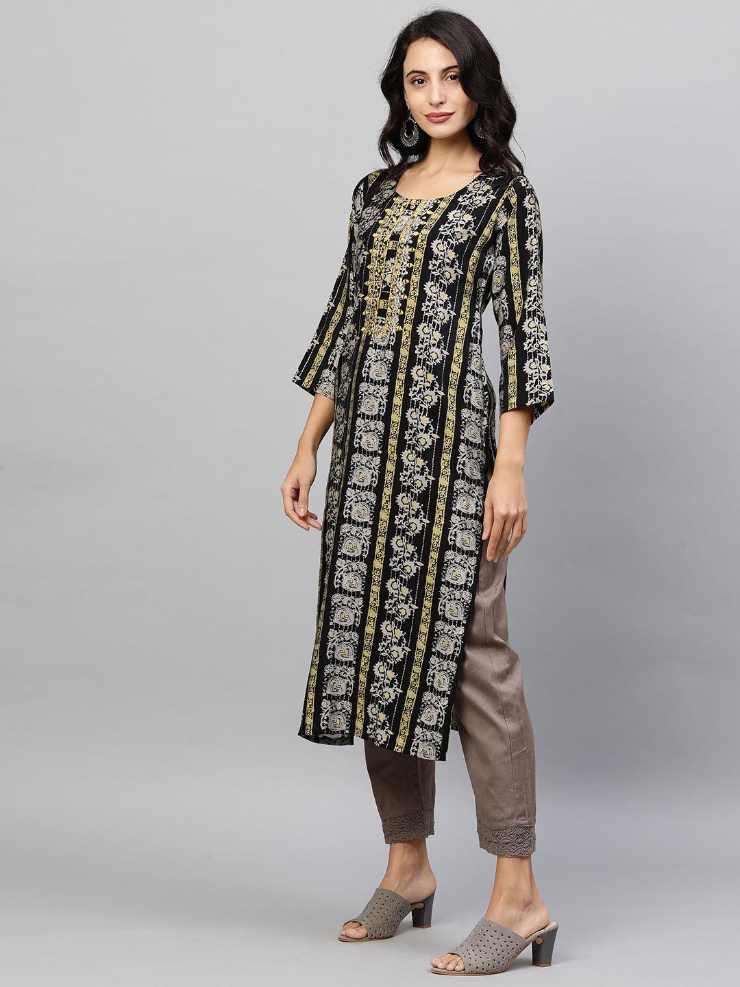 Ethnic Printed & Embroidered Straight Kurta - Black - Indiakreations