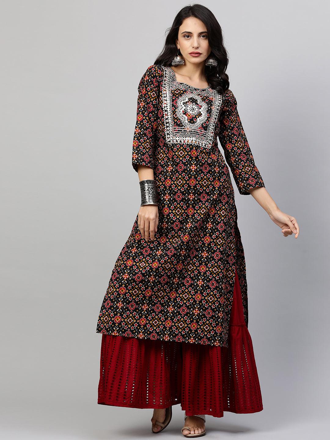 Patola Printed & Embroidered Straight Kurta - Black - Indiakreations