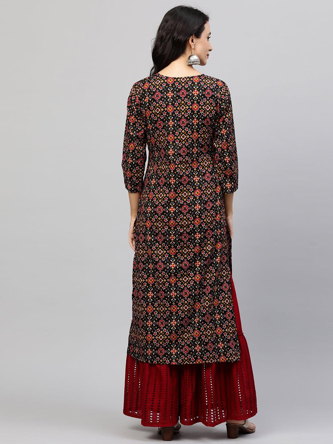 Patola Printed & Embroidered Straight Kurta - Black - Indiakreations