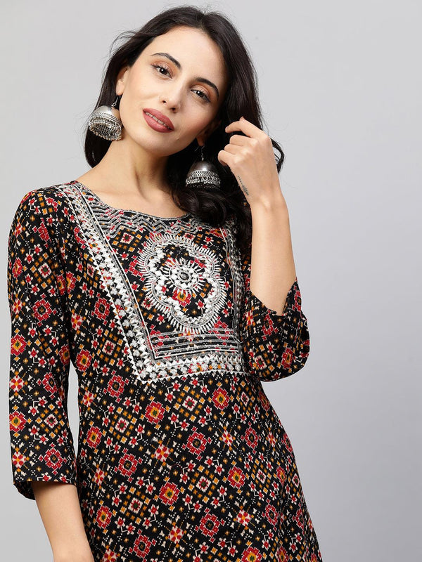 Patola Printed & Embroidered Straight Kurta - Black - Indiakreations