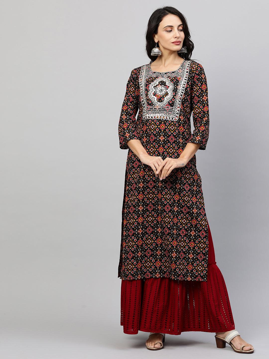 Patola Printed & Embroidered Straight Kurta - Black - Indiakreations