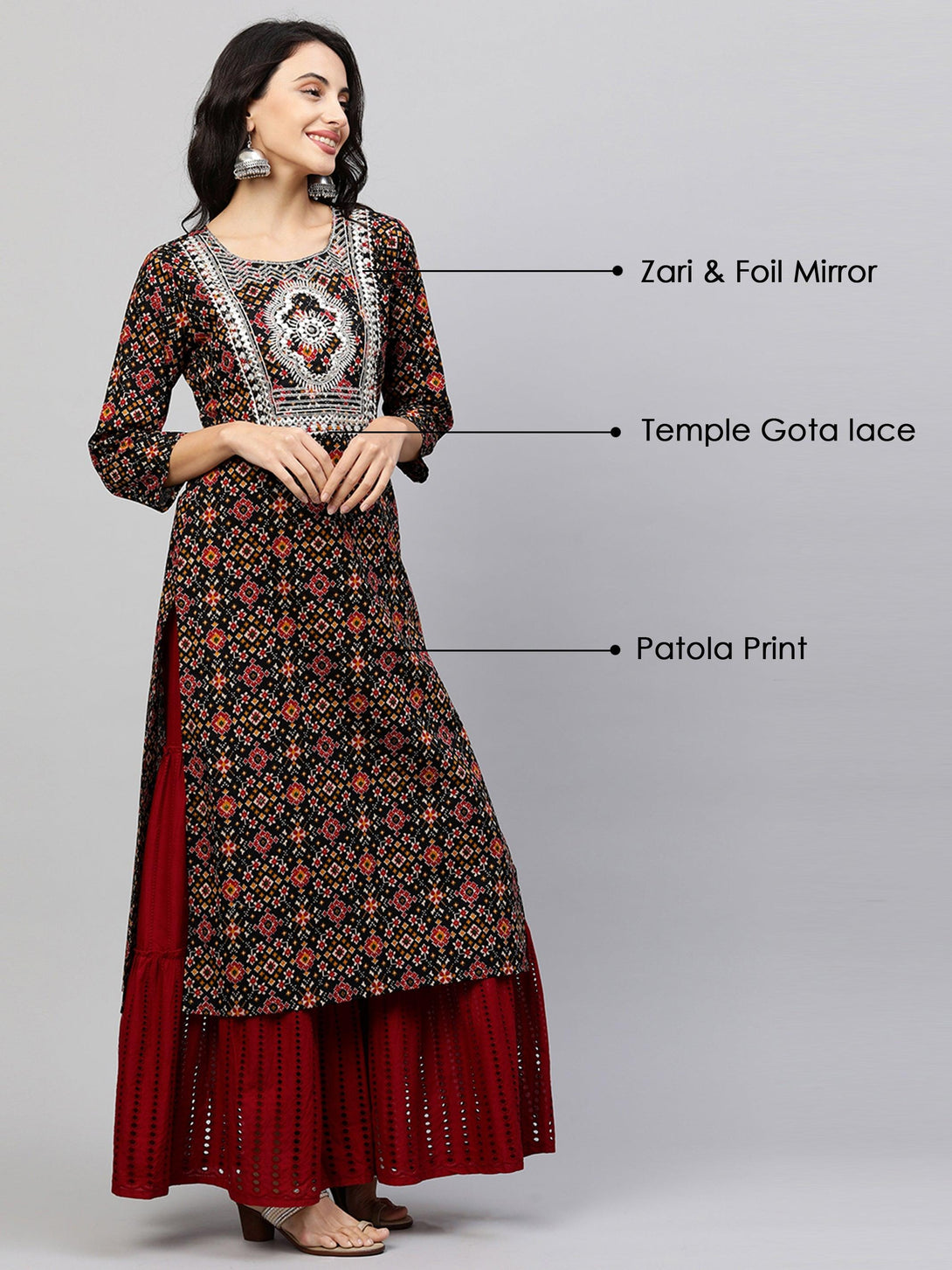 Patola Printed & Embroidered Straight Kurta - Black - Indiakreations