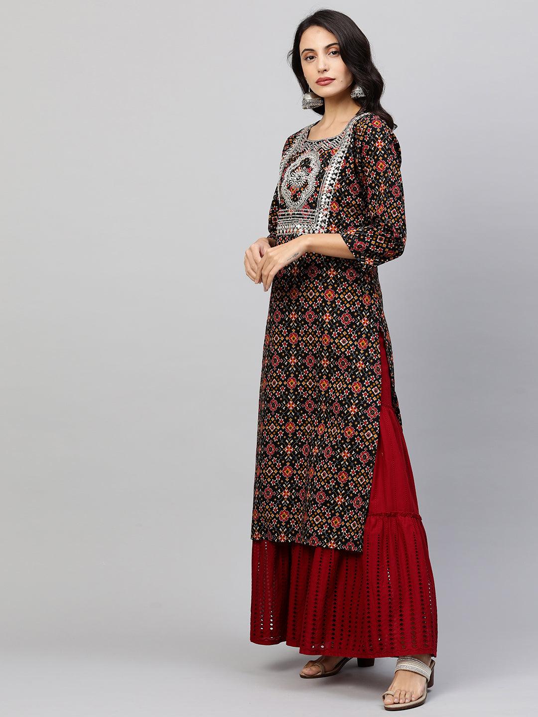 Patola Printed & Embroidered Straight Kurta - Black - Indiakreations