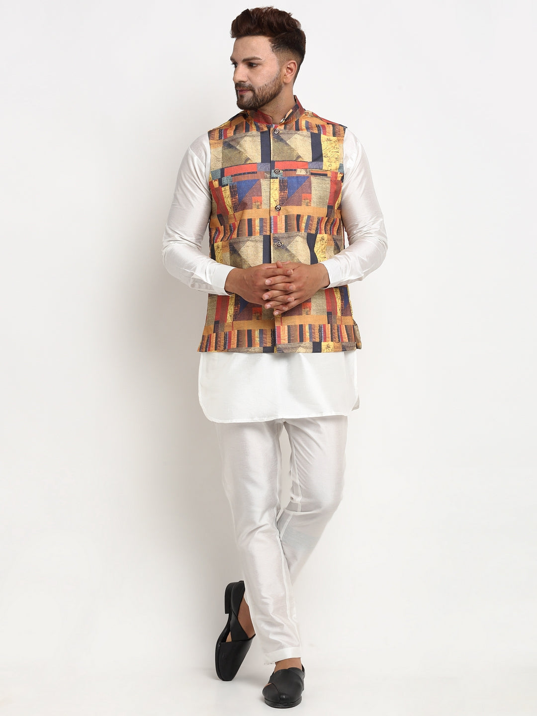 Men's Silk Blend White Kurta With Pyjama & Multicolor Printed Nehru Jacket - Benstoke