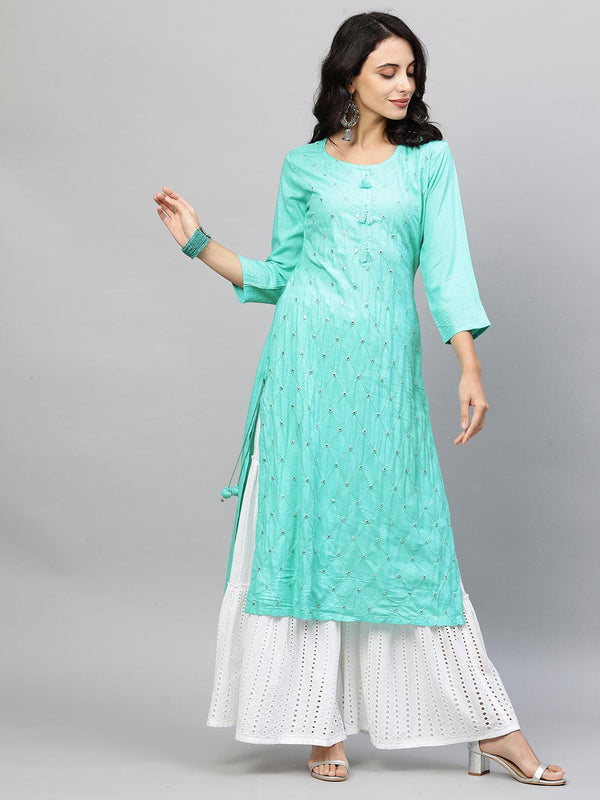 Quatrefoil Embroidered Straight Kurta - Cyan - Indiakreations