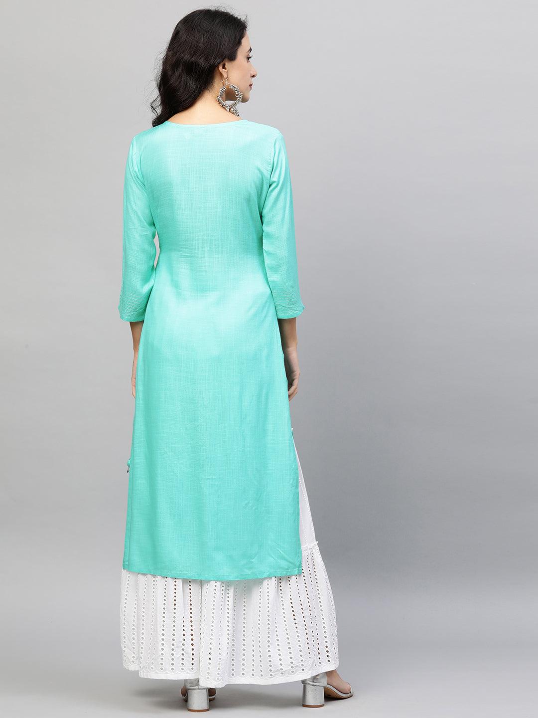 Quatrefoil Embroidered Straight Kurta - Cyan - Indiakreations