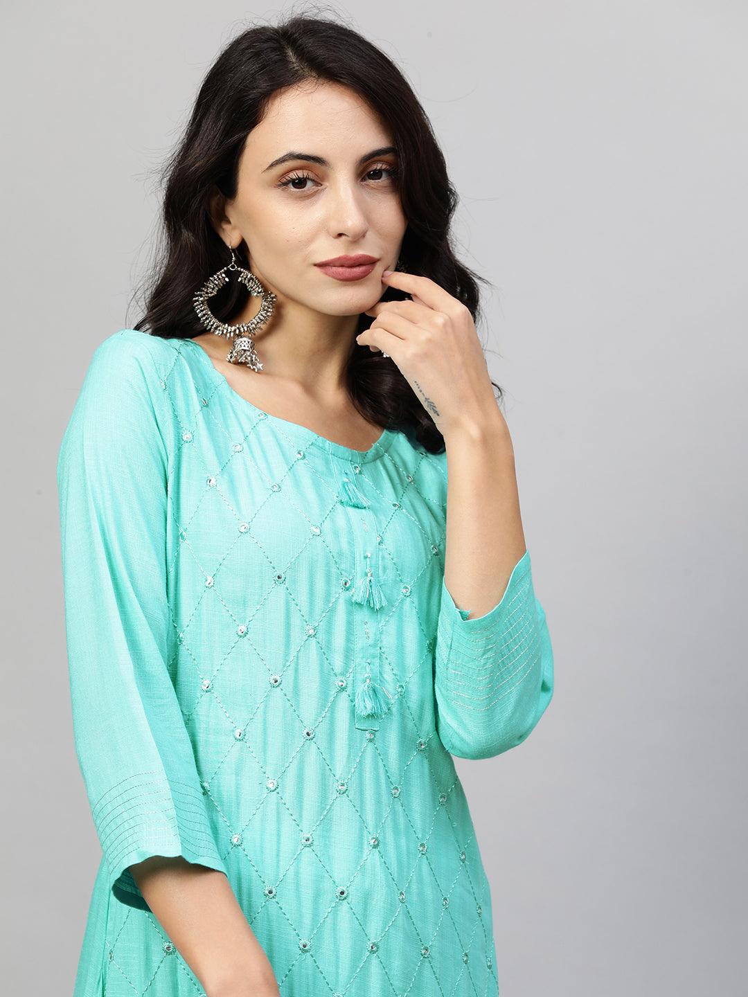 Quatrefoil Embroidered Straight Kurta - Cyan - Indiakreations