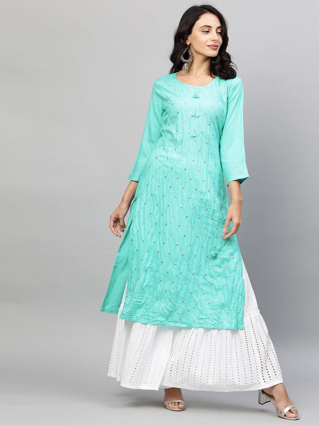 Quatrefoil Embroidered Straight Kurta - Cyan - Indiakreations