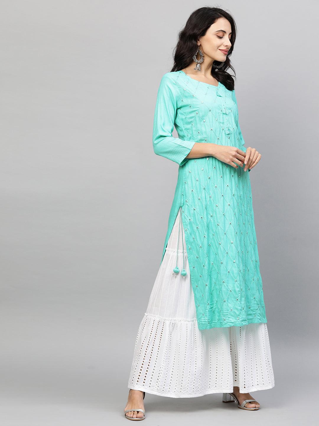 Quatrefoil Embroidered Straight Kurta - Cyan - Indiakreations