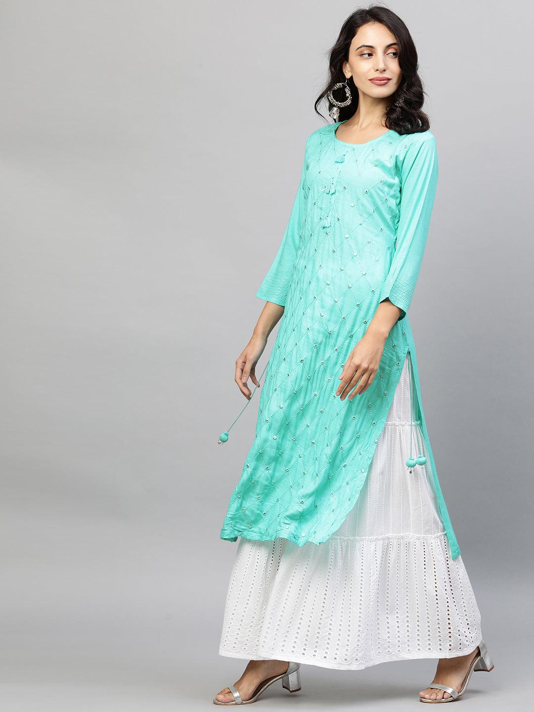 Quatrefoil Embroidered Straight Kurta - Cyan - Indiakreations