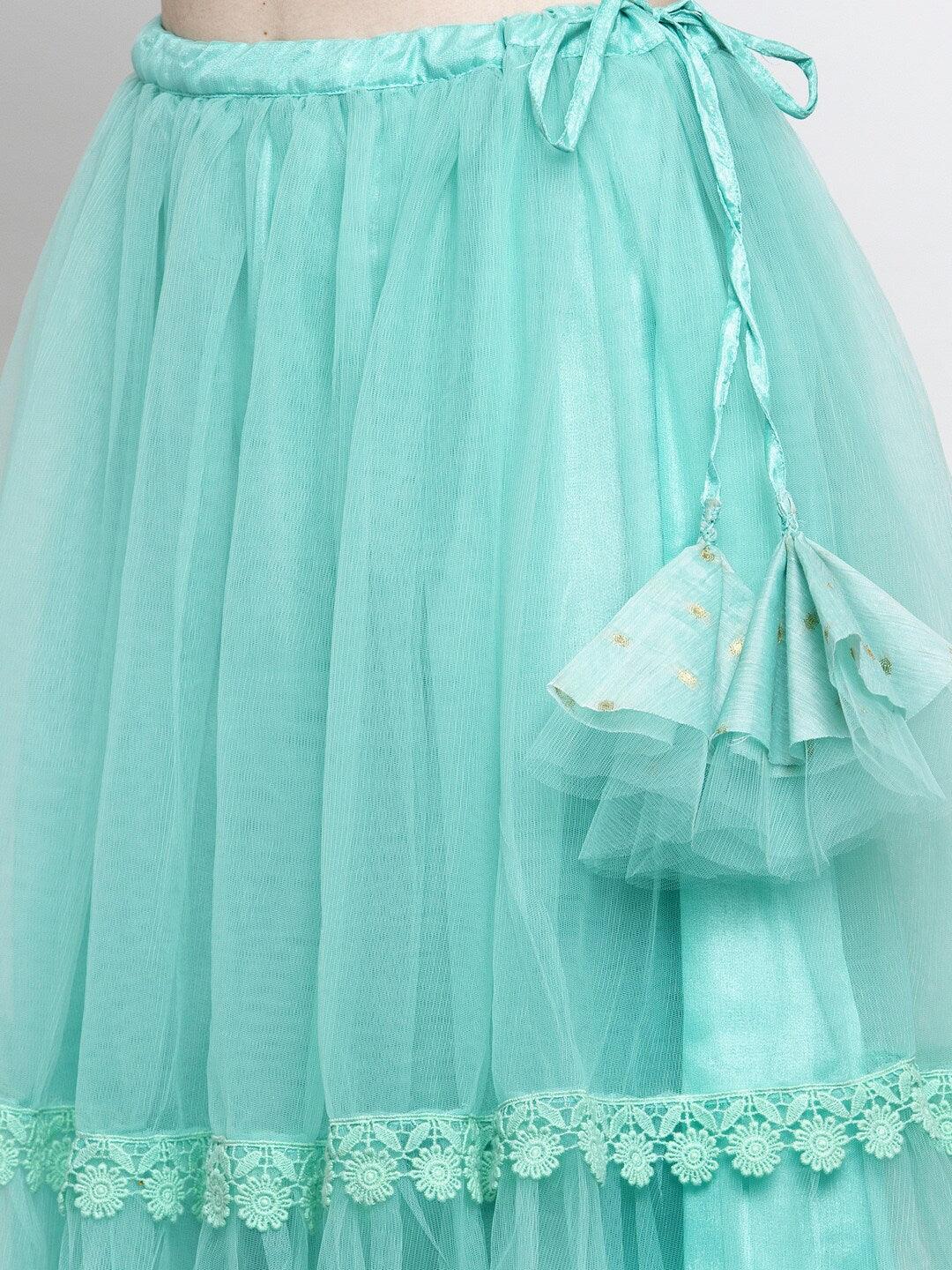 Girl's Sea Green Printed Ready to Wear Lehenga & Blouse With Dupatta - NOZ2TOZ KIDS - Indiakreations