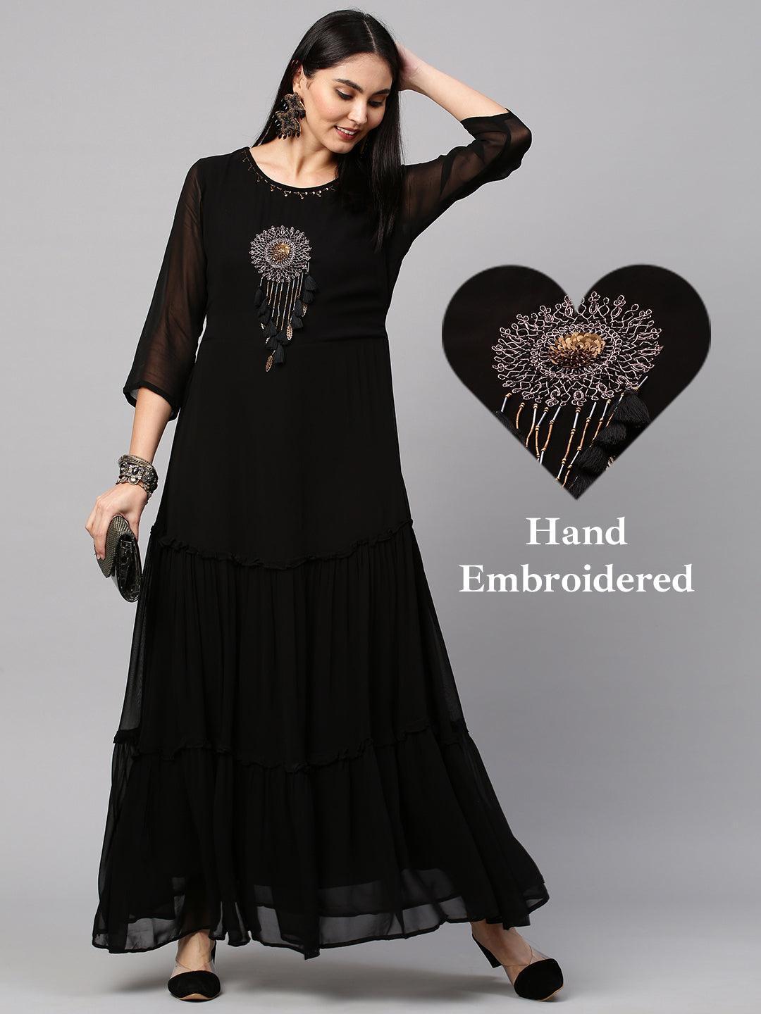 Hand Embroidered Tiered Maxi Dress - Black - Indiakreations